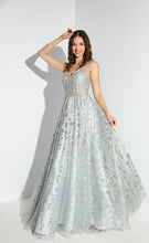 E 9908 - Glitter Patterned A-Line Prom Gown with Sheer Sequin Embellished Boned Bodice PROM GOWN Eureka XS SILVER 