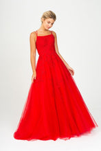 E 9757 - Shimmer Tulle A-Line Prom Gown with 3D Lace Applique Scoop Neck & Lace Up Corset Back PROM GOWN Eureka XS RED 