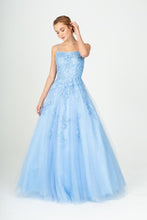 E 9757 - Shimmer Tulle A-Line Prom Gown with 3D Lace Applique Scoop Neck & Lace Up Corset Back PROM GOWN Eureka XS BAHAMA BLUE 
