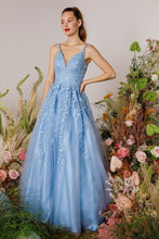 E 9858 - Glitter Tulle A-Line Prom Gown with 3D Lace Embroidery & Lace Up Corset Back PROM GOWN Eureka XS BAHAMA BLUE 