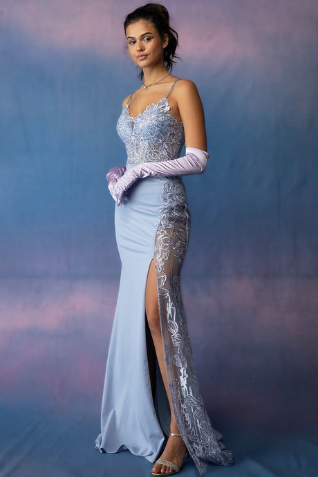 E 9889 - Stretch Jersey Fit & Flare Prom Gown with Sheer Sequin Embellished Floral Lace Bodice Plus Side Panel & Leg Slit PROM GOWN Eureka XS PERI BLUE 