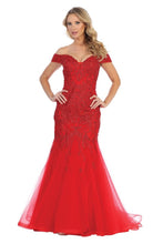 LF 7290 - Off The Shoulder Fit & Flare Prom Gown with Beaded Applique PROM GOWN Let's Fashion S RED 