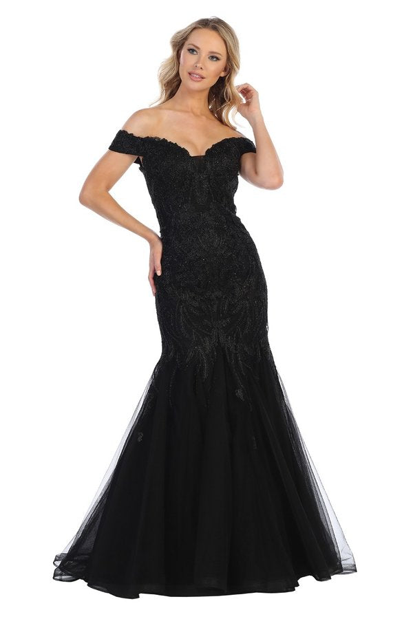 LF 7290 - Off The Shoulder Fit & Flare Prom Gown with Beaded Applique PROM GOWN Let's Fashion XS BLACK 