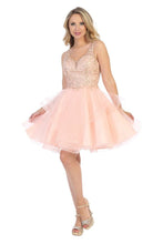 LF 6220 - Glittery Homecoming Dress with V-Neck Lace Applique  & Layered Tulle Skirt Homecoming Let's Fashion XS BLUSH 