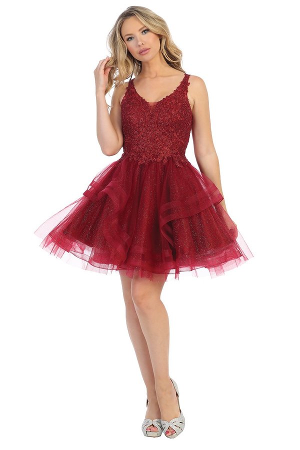 LF 6220 - Glittery Homecoming Dress with V-Neck Lace Applique  & Layered Tulle Skirt Homecoming Let's Fashion XS BURGUNDY 