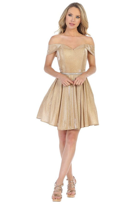 LF 6228 - Metallic Glitter Off the Shoulder Homecoming Dress with Beaded Belt & Pockets HOMECOMING Let's Fashion XS Champagne Metallic 