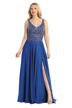 LF 7580 - Flowy Chiffon A-Line Prom Gown with Applique Bodice Sheer Open Back & Leg Slit Prom Dress Let's Fashion S Royal 