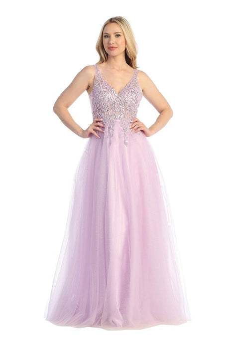 LF 7638L - A-line Prom Gown with Sheer Beaded Applique Bodice & Layered Tulle Skirt PROM GOWN Let's Fashion L Lilac 