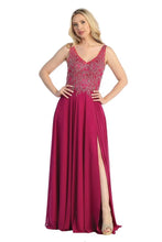 LF 7580 - Flowy Chiffon A-Line Prom Gown with Applique Bodice Sheer Open Back & Leg Slit PROM GOWN Let's Fashion XS Magenta 