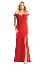 LF 7565 - Off the Shoulder Fit & Flare Prom Gown with Lace Applique Bodice Leg Slit & Sheer Lace Inset Train Prom Dress Let's Fashion XS RED 