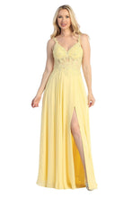LF 7655 - A-Line Prom Gown with Lace Embellished Sheer Corset Bodice Lace Up Corset Back & Leg Slit Prom Dress Let's Fashion L YELLOW 