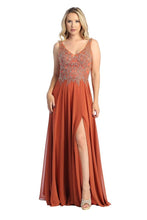 LF 7580 - Flowy Chiffon A-Line Prom Gown with Applique Bodice Sheer Open Back & Leg Slit PROM GOWN Let's Fashion XS Rust 