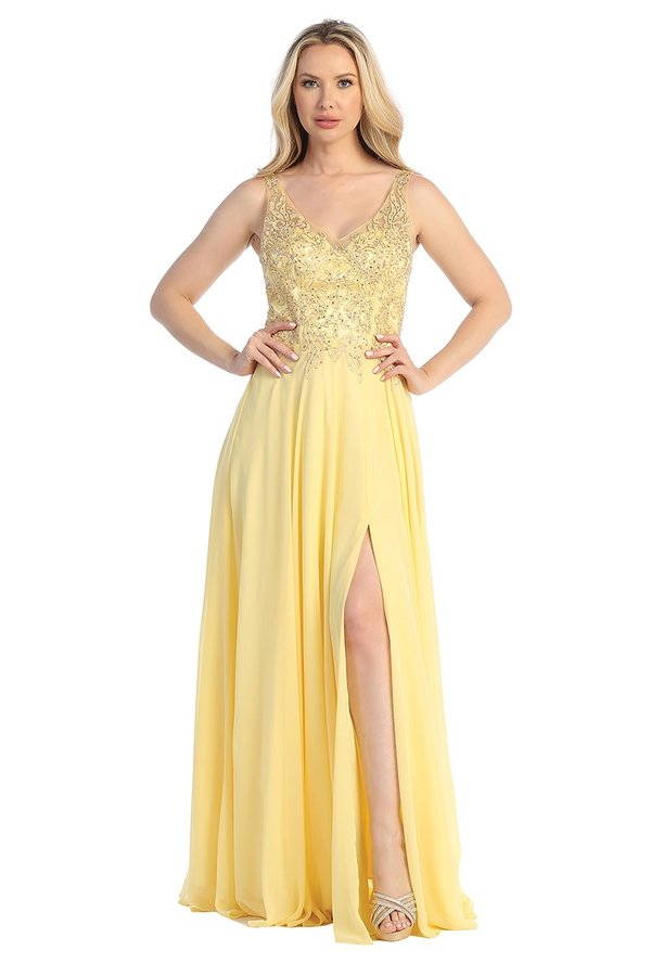 LF 7580 - Flowy Chiffon A-Line Prom Gown with Applique Bodice Sheer Op Diggz Formals LF 7580 - Flowy Chiffon A-Line Prom Gown with Applique Bodice Sheer Op Diggz Formals