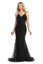 LF 7541 - Glitter Print Fit & Flare Prom Gown with Lace Illusion Bodice & Rhinestone Belt Prom Dress Let's Fashion XS BLACK 