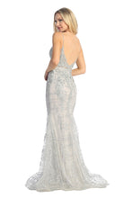 LF 7541 - Glitter Print Fit & Flare Prom Gown with Lace Illusion Bodice & Rhinestone Belt Prom Dress Let's Fashion   