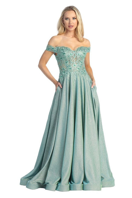 LF 7735 - Off The Shoulder Metallic A-Line Prom Gown with Sheer Embellished Boned Bodice & Pockets PROM GOWN Let's Fashion XS GREEN 