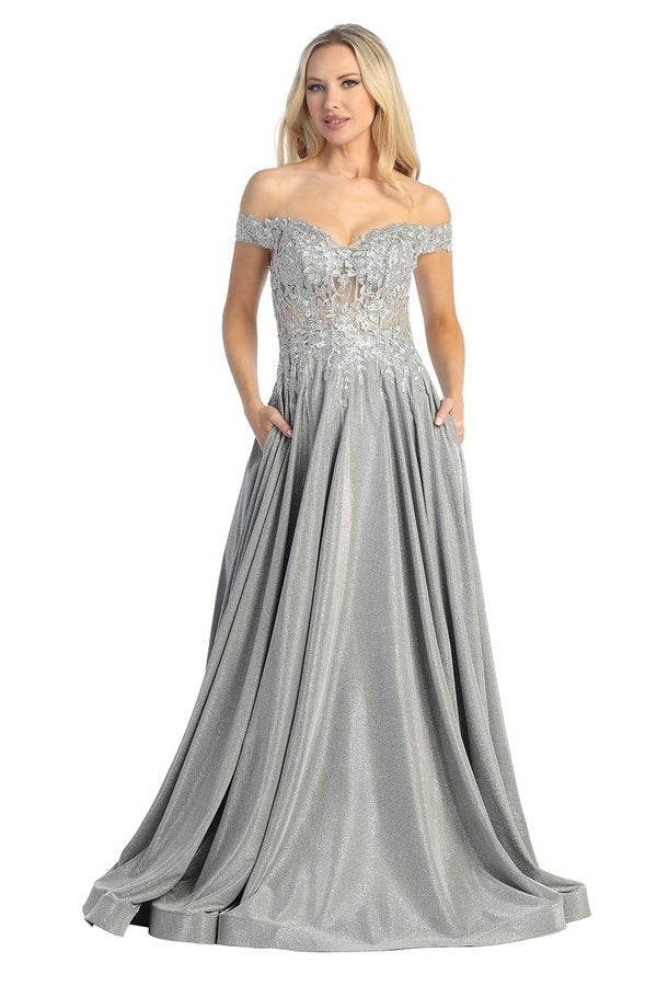 LF 7735 - Off The Shoulder Metallic A-Line Prom Gown with Sheer Embellished Boned Bodice & Pockets Xs / Silver LF 7735 - Off The Shoulder Metallic A-Line Prom Gown with Sheer Embellished Boned Bodice & Pockets Xs / Silver