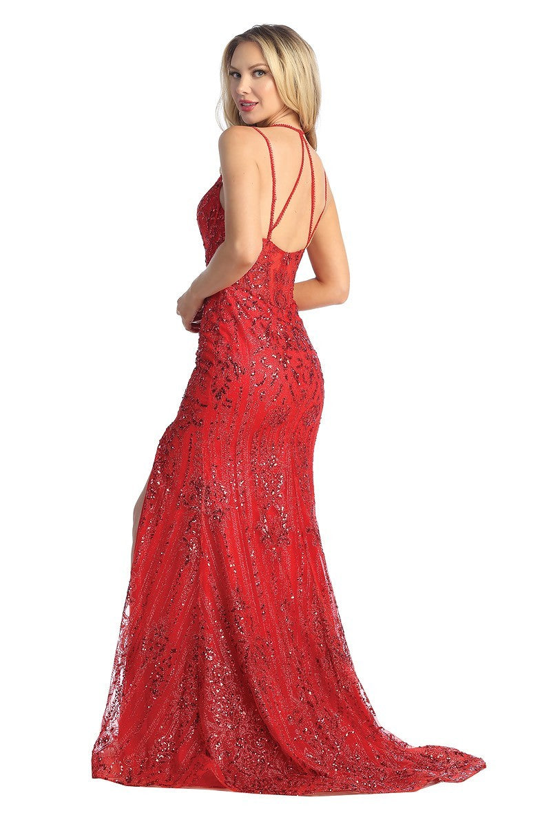 LF 7747 - Glitter Print Fit & Flare Prom Gown with Boned Sheer Bodice & Leg Slit 2XL / SLATE BLUE LF 7747 - Glitter Print Fit & Flare Prom Gown with Boned Sheer Bodice & Leg Slit 2XL / SLATE BLUE