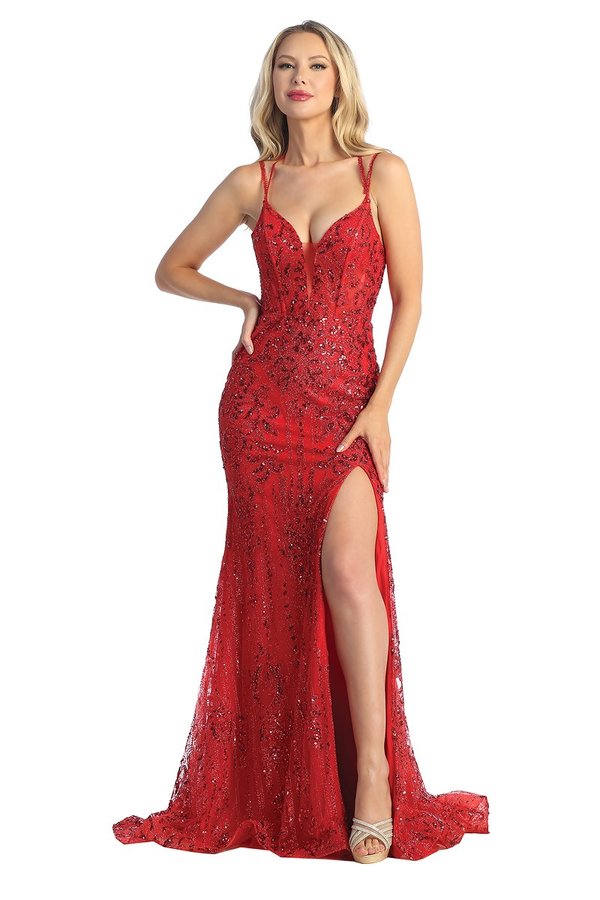 LF 7747 - Glitter Print Fit & Flare Prom Gown with Boned Sheer Bodice & Leg  Slit