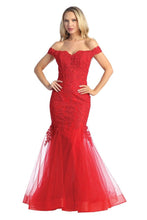 LF 7758 - Off The Shoulder Fit & Flare Prom Gown with Sheer Beaded Lace Embellished Corset Bodice Dresses Let's Fashion XS RED 