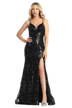 LF 7825 - Sequin Print Fit & Flare Prom Gown with V-Neck Leg Slit & Corset Back PROM GOWN Let's Fashion XS BLACK 