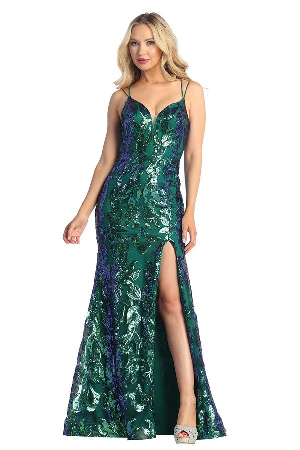 LF 7825 - Sequin Print Fit & Flare Prom Gown with V-Neck Leg Slit & Co Diggz Formals LF 7825 - Sequin Print Fit & Flare Prom Gown with V-Neck Leg Slit & Co Diggz Formals