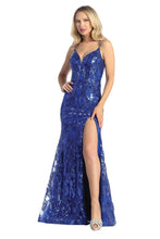 LF 7825 - Sequin Print Fit & Flare Prom Gown with V-Neck Leg Slit & Corset Back PROM GOWN Let's Fashion XS ROYAL BLUE 
