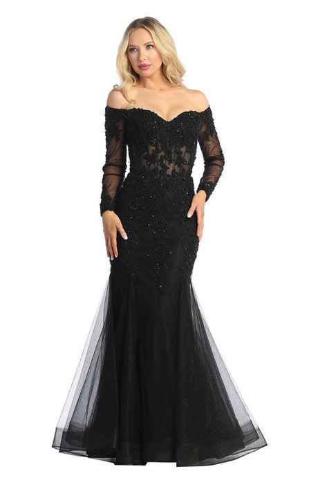 LF 7828 - Off the Shoulder Long Sleeve Mermaid Prom Gown with Sheer Boned Bodice PROM GOWN Let's Fashion XS BLACK 
