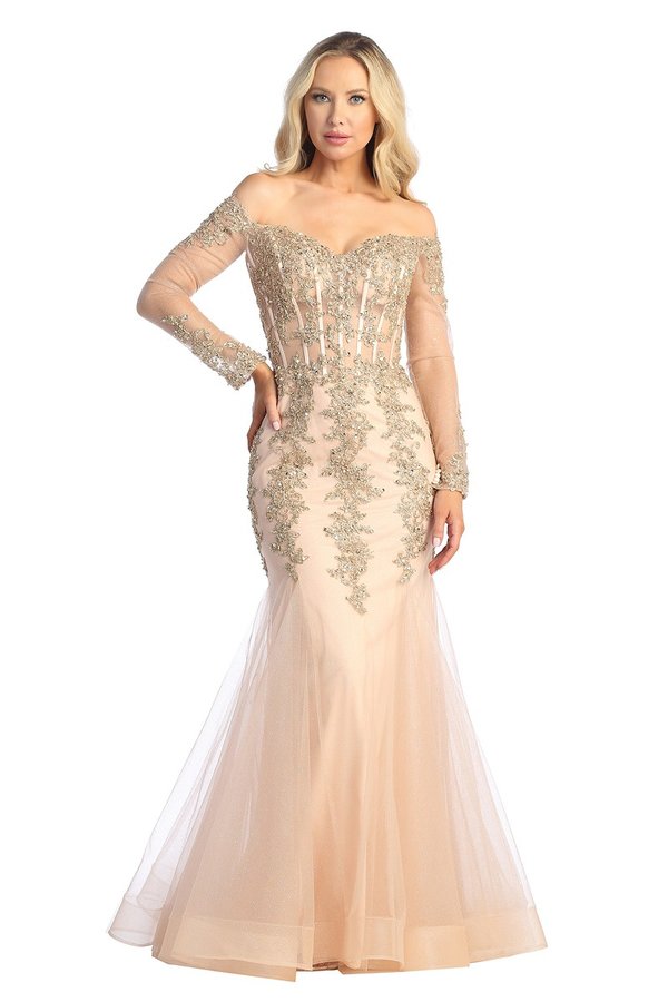 LF 7828 - Off the Shoulder Long Sleeve Mermaid Prom Gown with Sheer Boned Bodice S / ROSE GOLD LF 7828 - Off the Shoulder Long Sleeve Mermaid Prom Gown with Sheer Boned Bodice S / ROSE GOLD