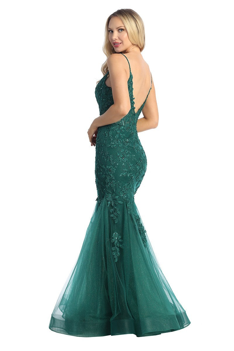 LF 7834 - Beaded Lace Embellished Fit & Flare Prom Gown with Sheer Cor ...