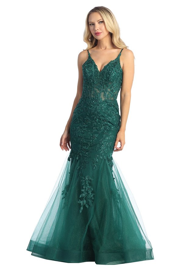 LF 7834 - Beaded Lace Embellished Fit & Flare Prom Gown with Sheer Cor Diggz Formals LF 7834 - Beaded Lace Embellished Fit & Flare Prom Gown with Sheer Cor Diggz Formals