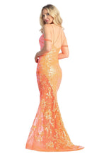 LF 7837 - Full Sequin Fit & Flare Prom Gown with Sheer Lace Leg Panel & Strappy Back PROM GOWN Let's Fashion XS ORANGE 