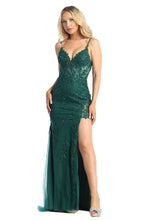 LF 7838 - Bead & Lace Embellished Fit & Flare Prom Gown with Sheer Boned Bodice & Leg Slit PROM GOWN Let's Fashion XS EMERALD 