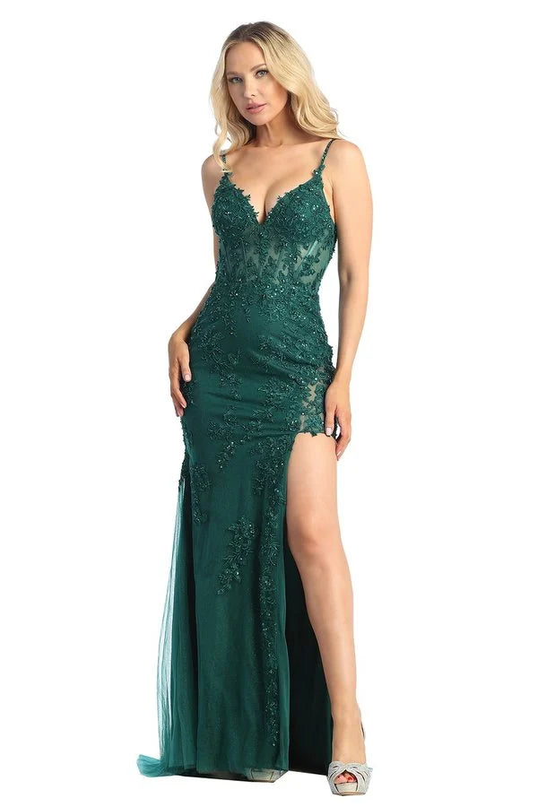 LF 7838 - Bead & Lace Embellished Fit & Flare Prom Gown with Sheer Boned Bodice & Leg Slit PROM GOWN Let's Fashion XS EMERALD 