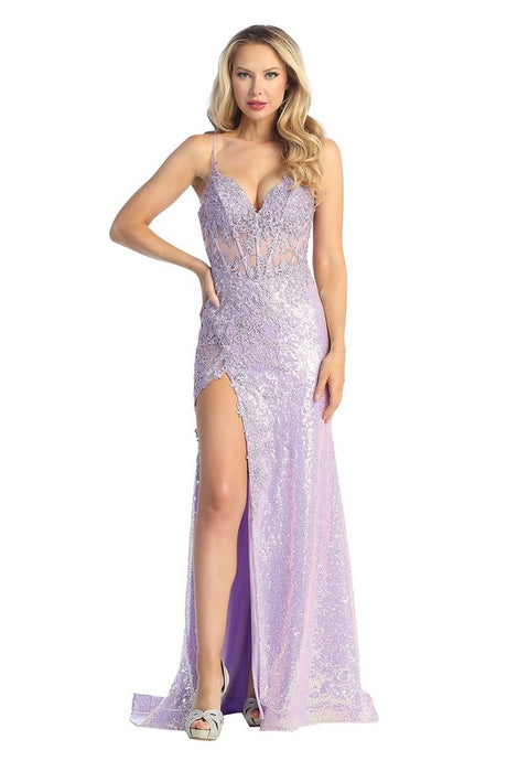 LF 7842 - Full Sequin Fit & Flare Prom Gown with Lace Embellished Sheer Boned Bodice & Leg Slit PROM GOWN Let's Fashion XS LAVENDER 