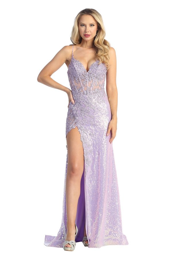 AC 7021 - Sequin Embellished Fit & Flare Prom Gown with Open Lace