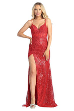 LF 7842 - Full Sequin Fit & Flare Prom Gown with Lace Embellished Sheer Boned Bodice & Leg Slit PROM GOWN Let's Fashion XS RED 