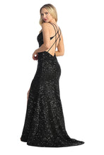 LF 7844 - Full Sequin Fit & Flare Prom Gown with Boned Bodice Leg Slit & Strappy Open Back PROM GOWN Let's Fashion   
