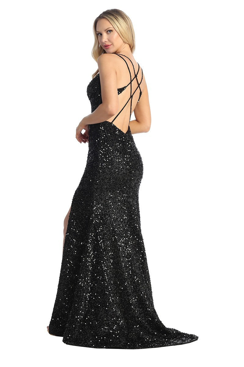 LF 7844 - Full Sequin Fit & Flare Prom Gown with Boned Bodice Leg Slit & Strappy Open Back M / ROYAL BLUE LF 7844 - Full Sequin Fit & Flare Prom Gown with Boned Bodice Leg Slit & Strappy Open Back M / ROYAL BLUE
