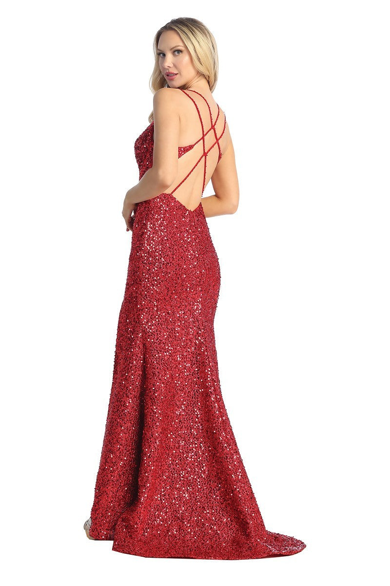 LF 7844 - Full Sequin Fit & Flare Prom Gown with Boned Bodice Leg Slit & Strappy Open Back M / ROYAL BLUE LF 7844 - Full Sequin Fit & Flare Prom Gown with Boned Bodice Leg Slit & Strappy Open Back M / ROYAL BLUE