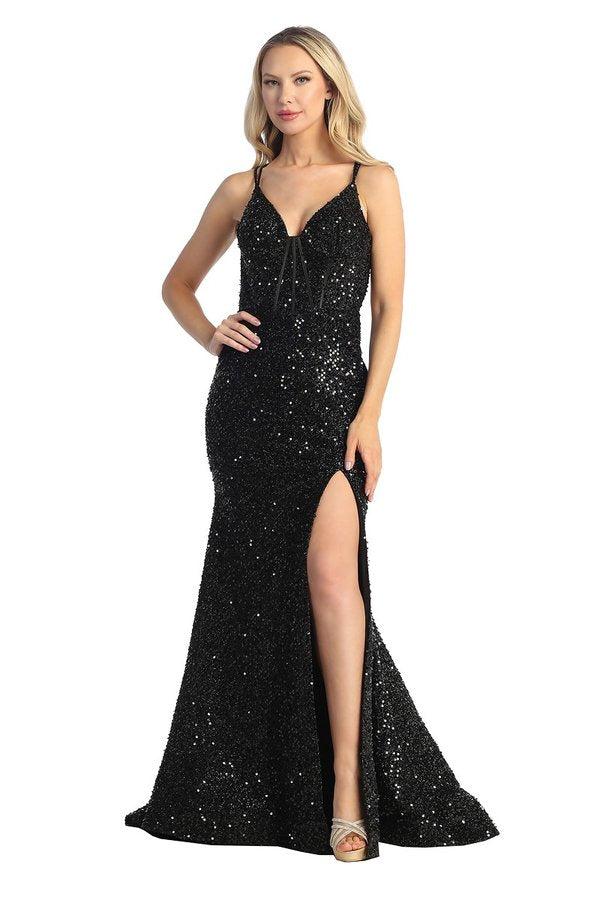 LF 7844 - Full Sequin Fit & Flare Prom Gown with Boned Bodice Leg Slit & Strappy Open Back M / ROYAL BLUE LF 7844 - Full Sequin Fit & Flare Prom Gown with Boned Bodice Leg Slit & Strappy Open Back M / ROYAL BLUE