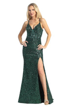 LF 7844 - Full Sequin Fit & Flare Prom Gown with Boned Bodice Leg Slit & Strappy Open Back PROM GOWN Let's Fashion XS EMERALD 