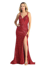 LF 7844 - Full Sequin Fit & Flare Prom Gown with Boned Bodice Leg Slit & Strappy Open Back PROM GOWN Let's Fashion XS RED 