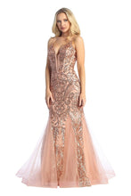LF 7848 - Sequin Patterned Mermaid Prom Gown with Sheer Boned Corset Bodice & Tulle Skirt PROM GOWN Let's Fashion XS ROSE GOLD 