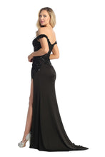 LF 7852 - Off the Shoulder Fit & Flare Prom Gown with Sheer Beaded Boned Corset Bodice & Leg Slit PROM GOWN Let's Fashion   
