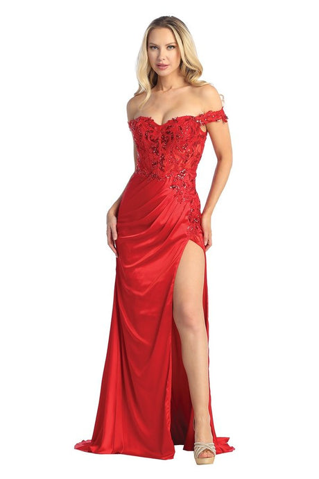 LF 7852 - Off the Shoulder Fit & Flare Prom Gown with Sheer Beaded Boned Corset Bodice & Leg Slit PROM GOWN Let's Fashion XS RED 