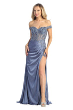 LF 7852 - Off the Shoulder Fit & Flare Prom Gown with Sheer Beaded Boned Corset Bodice & Leg Slit PROM GOWN Let's Fashion XS SLATE BLUE 