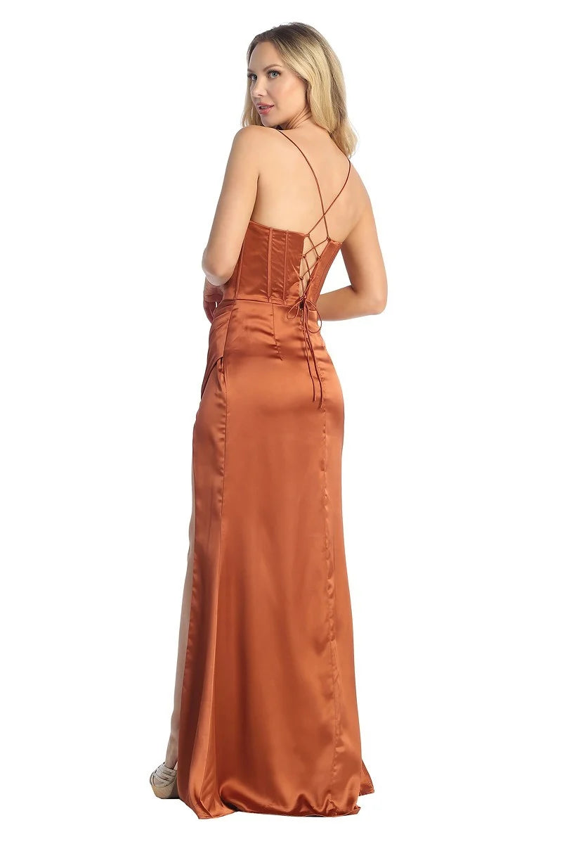 LF 7854 - Stretch Satin Fit & Flare Prom Gown with Boned Cowl Neck Bodice Open Corset Back & Leg Slit XL / RED LF 7854 - Stretch Satin Fit & Flare Prom Gown with Boned Cowl Neck Bodice Open Corset Back & Leg Slit XL / RED