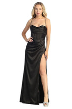 LF 7854 - Stretch Satin Fit & Flare Prom Gown with Boned Cowl Neck Bodice Open Corset Back & Leg Slit PROM GOWN Let's Fashion XS BLACK 