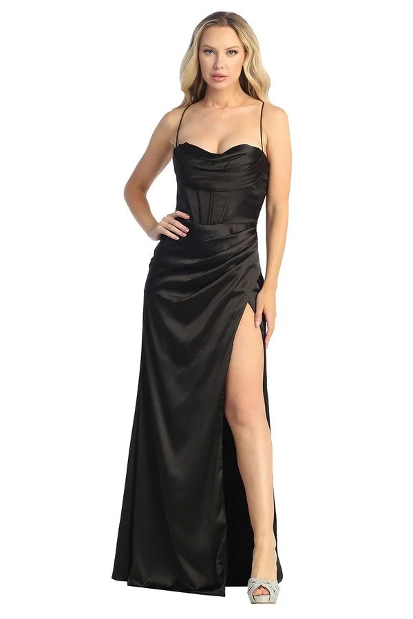 LF 7854 - Stretch Satin Fit & Flare Prom Gown with Boned Cowl Neck Bodice Open Corset Back & Leg Slit XL / RED LF 7854 - Stretch Satin Fit & Flare Prom Gown with Boned Cowl Neck Bodice Open Corset Back & Leg Slit XL / RED